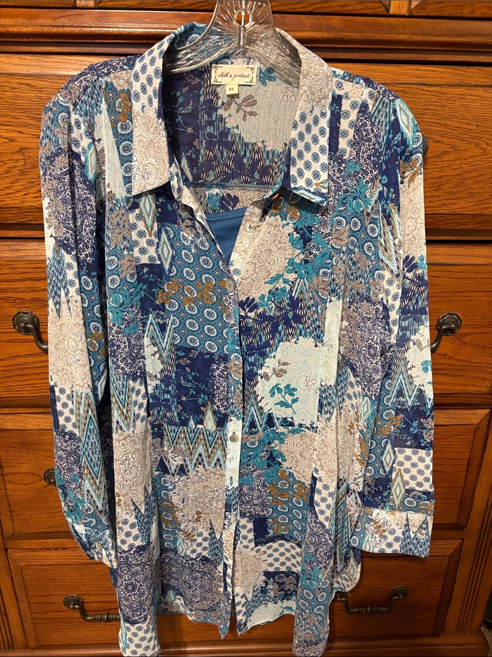 Blue Patchwork Button Up Blouse